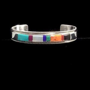 Sterling Silver Native Signed Turquoise Multistone Inlay Cuff Bracelet 22g 6.5”